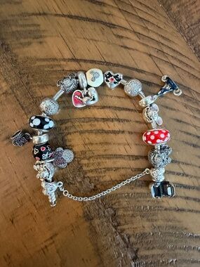 Pandora sterling silver snake chain charm bracelet with Disney charms